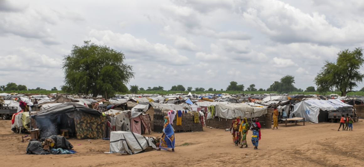 people walk through a camp for displaced people