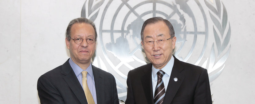 Secretary-General Ban Ki-moon (right) meets with Jamal Benoma